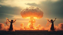 a nuclear explosion cloud(middle), the wind and smoke from the explosion forming shapes of dancing women(left and right sides), worship