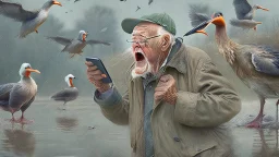 old man talks on phone while chasing ducks away,