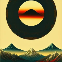 Ukiyo-e styled art, yin and yang sign, mountains and sun