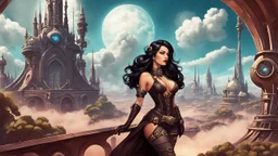 exotic sci-fi steampunk pin-up girl, with long dark hair, on an alien planet with cloud trees, tall spires, buildings, arches and bridges