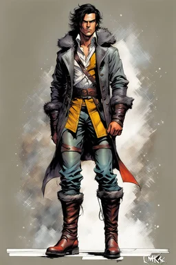 Create a fine art print , full body illustration of a young epic fantasy character of Lankhmar , with finely lined and detailed facial features, in an open laced fur jerkin, grey leather breeches , a short colorful belted sash at the waist, ,battered soft leather boots, , in the comic book style of Bill Sienkiewicz, Howard Chaykin, Mike Mignola, Philippe Druillet, and Jean Giraud Moebius, precisely drawn, colored and inked