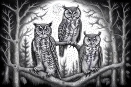 Above, high in the trees, the moonlight reveals a silent flight of owls. These mysterious creatures are the rulers of the night.- Pencil drawing, realistic, graphite