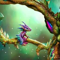 cute, adorable baby dragon made of crystals and gems, glittery scales, iridescent wings, sitting on forest floor, muted rainbow colors, intricate, fine detail, 8k, sharp, crisp, high-quality, 4k , octane render, detailed matte, volumetric lighting, brian froud, howard lyon, anne stokes, lisa parker, selina french, greg rutowski