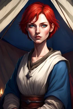 Human Female, medieval healer, red short hair, blue eyes, inside, tent, night, shadows