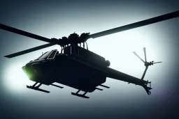 black police helicopter flying over city building searching for suspect, helicoper has white spotlight flashing to the ground, night time , unity, scriptable render pipeline , green emission, cinematic lighting.