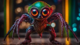 A middle size, jelly-like fatt body deep colors, meltingpatterned skin, big eyes alien creature standing a floor, full body, high detailed, high textured, sharp focus, deep colors, Professional photography, bokeh, natural lighting, canon lens, shot on dslr 64 megapixels , blur background with neon light, office