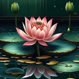 Lotus réaliste sur l'eau japonais avec de la déco en fond qui fait pansé a des katana