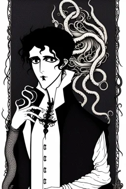 black haired young man necromancer wizard with gothic jewelry and tentacle fingers in the style of Aubrey Beardsley