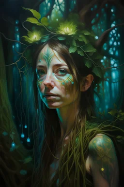 Ultra detailed photo of a woman plant lost in a magical forest, skin made of tree bark, green sclera, hair is vines, shiny, bioluminescent flora, flowers around hair, incredibly detailed, pastel colors, hand painted strokes, visible strokes, oil painting, Mschiffer art, night, bioluminescence, earrings in the ears with bunches of grapes