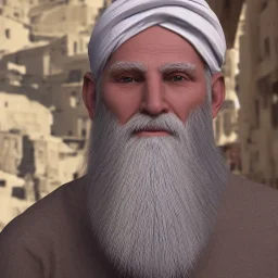 An old man with a long beard old Arabic and white Turkish turban feature ray tracing 4k realistic