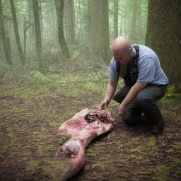 A paranormal investigator examines a butchered corpse in a dark forest