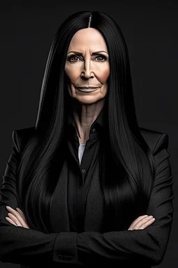 American female president of the future with dark long hair and looking powerful