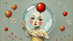 Bubble Wonderland, A figure is holding a mirror that reflects their hidden expression, gouache, mirrored foil, red ballon, primitive, symbolism