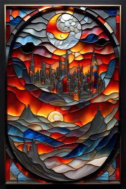 round 3D embossed textured ethereal image made of stained glass, agate with gold foil highlights, a cityscape on the distant horizon, in molten lava, coals; red, orange, yellow, blue, silver, grey, black; fire, flames, smoke, nebula sky, small crescent moon, starry night, glowing embers, gold smoke, sparks, realistic, sharp lines, extreme 3D detail