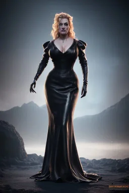 Kate Winslet as evil queen in black leather gown, cleavage, angry, stern look unreal 5, octane render,cinema4d, dynamic lighting, dramatic lighting, 4k, redshift render, highly detailed, hyper realistic