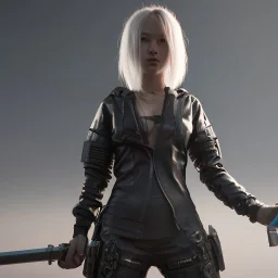 Cyberpunk, blonde girl in ninja outfit holding katana, unreal engine 5, octane render,cinema4d, dynamic lighting, 8k, redshift render, highly, hyperrealism ultra detailed, hyper realistic.