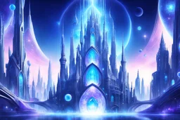 beautiful bright fairy cosmic futuristic city with crystal jewel windows and to the bottom magic bluebeam