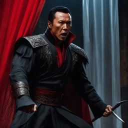 Donnie Yen as an Hafla Vampire Waiting to Strike with his fangs behind a transparent bloody curtain
