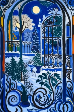 Snowy garden at twilight painted by Matisse