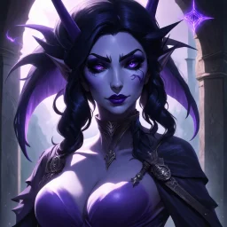 drow elf woman, sorceress, dark hair, purple skin, digital art, dark fantasy