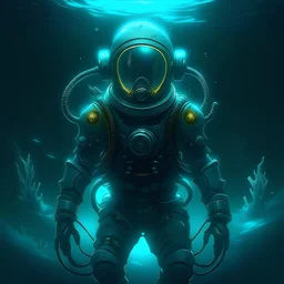 A diving suit underwater with a glowing viewing port, fantasy, digital art
