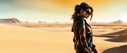 a grumpy cyberpunk girl standing in overdrive in the Mojave desert, side view, impasto, minimal, splash art, wide angle, centered, distant horizon, spacious scene, harsh contrasts, scattered tint leaks, sparse thick brushstrokes, (glitch deconstruction:1.7), warm colors of sand yellow, beige, orange and black