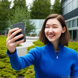 A short haired, female software engineer taking a selfie in front of Building 92 at Microsoft in Redmond, Washington