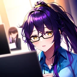 Clear focus, 8k, high quality, detailed, beautiful lighting, girl, vibrant colors, purple long hair, vibrant golden eyes, office clothes, black glasses, messy hair, beautiful eyelashes, ponytail,