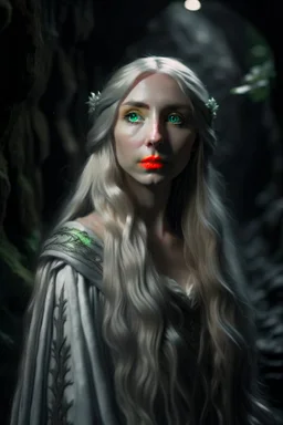 underground grove, with bricks and stones, portrait of Galadriel with pale, ethereal features with long silver hair that seems to shimmer in the moonlight. She dresses in flowing, dark-colored clothing that accentuates her mysterious aura. photo-realistic, shot on Hasselblad h6d-400c, zeiss prime lens, bokeh like f/0.8, tilt-shift lens 8k, high detail, smooth render, down-light, unreal engine 5, cinema 4d, HDR, dust effect, vivid colors, smoke