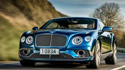 A sleek with livery (((luxury muscle bentley))), its contours and details perfectly captured in a (((cinematic view))), zipping along a winding road under a beautiful blue fresh morning sky