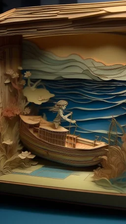 The ship fades out in the horizon, nostalgic goodbye, diorama in the style of Alphonse mucha