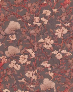 repeating pattern of Dodo bird combined chinoiserie inspired cherry tree blooms landscape to generate William Morris like wall paper