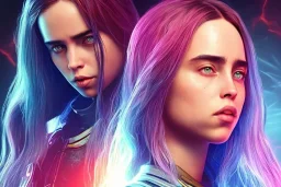 Billie Eilish, on stage with guitar, cyberpunk2077, realistic, not to be distinguished from a photo, identical pupils, photorealistic illustration