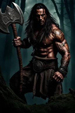 Jason David Frank Very muscular man with long hair and tribal tattoos in barbarian clothes with silver axe in forest, realistic face, close-up, brutal, dark fantasy, smoke in the sky, lightnings, rain, intricate details, hyper detailed