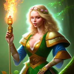 romantic fantasy spray painting, portrait of cute smiling green eyed blonde robed bard poet with cute ornament,sitting on a branch, loosing torch in magical forest