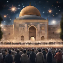 Hyper Realistic lots of people celebrating outside al-aqsa mosque with garland lights at beautiful stars night