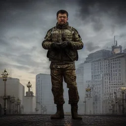 Octane render, dramatic lighting, 8k 64 megapixels hdr, president of Ukraine wearing special forces gear and camouflage pattern plate carrier standing on the main square of Moscow, zombiecore style, anamorphic lensflaresintricate details, realistic, octane, unreal engine, portrait, natural lighting,zoomed out + portrait, volumetric lighting, shiny,extreme detail, Photorealism, High detail, Hyper realistic, macro lens blur,abstract paint, sharp,eos5d mark 4, ef 85mm 5.6, focus,