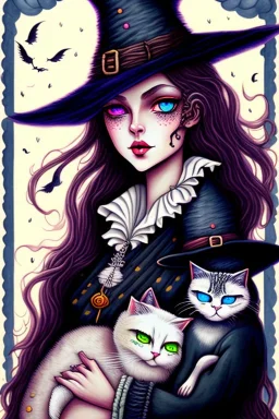 Cute friendly witch, playing with cute cats, perfect eyes, perfect iris, ink and pencil, style Elisabeth Kreitz