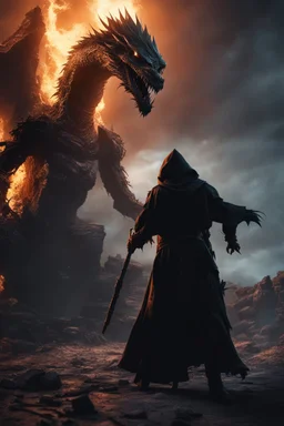 the cruel sorcerer known as The Shadow of Death using the staff of destruction to kill a dragon. zombies in the background. fantasy art, Cinematic lighting, Volumetric lighting, Epic composition, octane render