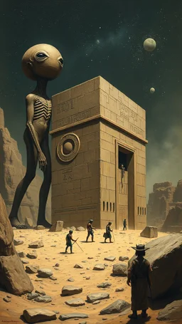 Bosch painting style giant aliens carrying a big cubicle stones building the Egyption paramount