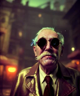 Surreal, steampunk, cabaret scene. old man. Sunglasses, rain, smoking, happy, hot, people background, highly detailed, concept art, unreal engine 5, god rays, ray tracing, RTX, lumen lighting, ultra detail, volumetric lighting, 3d, finely drawn, high definition, high resolution.