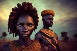 african head portrait, warrior costume,man and woman face ,village, meditation, woods, galaxy sky, 8k quality, unity engine, bloom,cinematic lighting,blue tone, octane render,