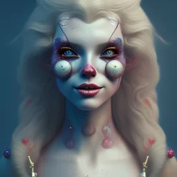 Ultra detailed very beautiful smileing clown girl,beautiful real skin, red nose, symmetrical, ultra detailed curl hair, soft lighting, ultra detailed face, concept art, digital painting, octane render, art by artstation