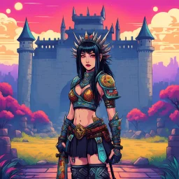 [psychedelic pixel illustration by Jannell Jaquays with Solstice colour palette] Neo-punk asian warrior girl tribal tattoo stands in front of the camera, warhammer ready to engage, undead, medieval castle in the background