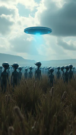 A field of random aliens at the end of the picture a blue dark ufo object , cinematic, 8k