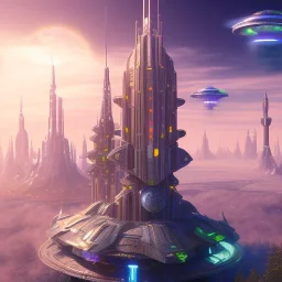 futuristic city with astroport and transparent bridges, galactic landsacape with multicolored crystals falling from the sky, full of details, smooth, bright sunshine，soft light atmosphere, light effect，vaporwave colorful, concept art, smooth, extremely sharp detail, finely tuned detail, ultra high definition, 4 k, unreal engine 5, ultra sharp focus