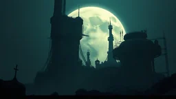 the backside of the moon, featuring strange otherworldly towers, buildings, machinery, dark and moody atmosphere, cinematic lighting, muted color palette, 4K resolution, photorealistic.