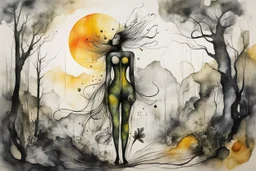 an abstract full body ink wash and watercolor lithographic print portrait illustration of her subconscious yearning to be as free as the unbridled wind whispering through an ancient forest , neo surrealism, biomorphism, abstract expressionism , striking, atmospheric, dreamlike, mystical, enigmatic, in the style of Joan Miro and Roberto Matta, in bold, vibrant plant based organic colors, boldly inked, hyper detailed , highly detailed feminine facial features, 4k