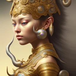 Sango fantasy, fantasy magic, intricate, sharp focus, illustration, highly detailed, digital painting, concept art, matte, art germ and Paul Lewin and Kehinde Wiley, masterpiece silver elephant head bronze Buddha Asian African girl nice breast Hawaiian hair turquoise golden waves