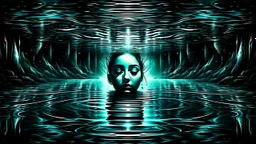 A digital illustration with a surreal and dreamlike quality, showing an out of body floating face down looking through liquid crystal among amnesiac water. The dark center of the scene adds a sense of foreboding and uncertainty, creating a captivating visual puzzle for the audience to unravel